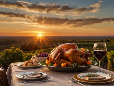 Garnished roasted turkey served on table in vineyard at sunsetの素材