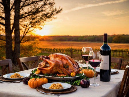 Garnished roasted turkey served with glass of red wine and pumpkins on table in vineyard at sunsetの素材
