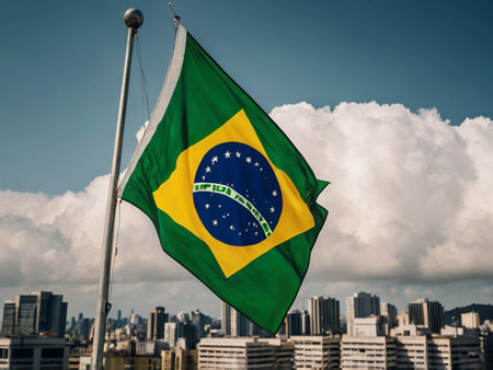 Brazilian flag waving in the wind with cityscape background. Vintage tone.の素材