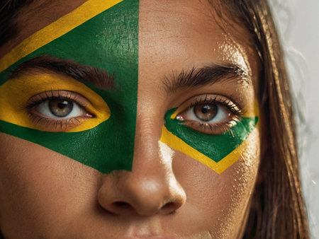 Close up portrait of a young woman with Brazilian flag painted on her face.の素材