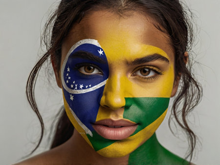 Portrait of a young woman with Brazilian flag painted on her faceの素材