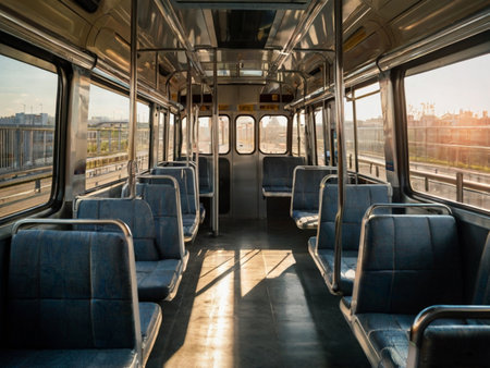 Interior of a train with blue seats and windows. Travel conceptの素材