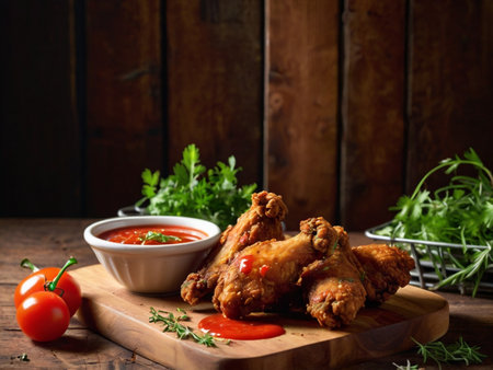 Fried chicken wings with tomato sauce and herbs on a wooden backgroundの素材