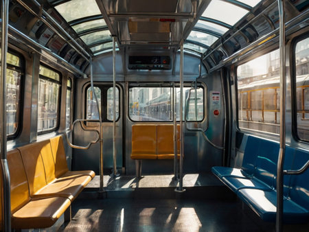 Interior of a train carriage with yellow seats and a blue benchの素材