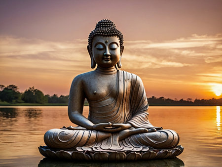 Buddha statue on the lake at sunset, Thailand.の素材