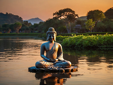 Buddha statue on the lake in the evening, Thailand.の素材