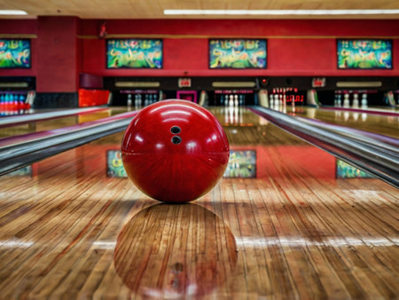Bowling ball on the bowling alley. Horizontal photo with shallow depth of fieldの素材