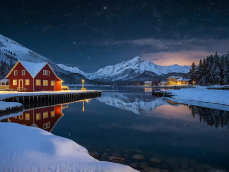 Fantastic winter night view of Lofoten islands, Norwayの素材