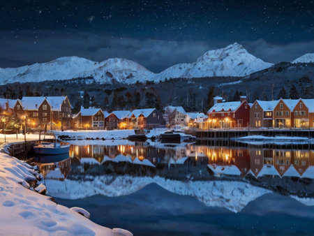 Fishing village of Lofoten at night, Norway.の素材