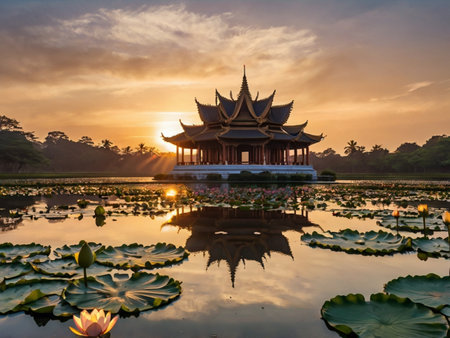 Pavilion in the lake at sunset, Chiang Mai, Thailandの素材