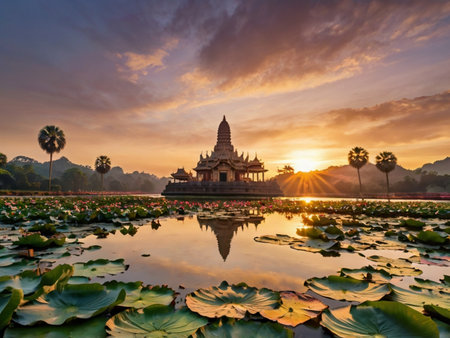 Sunset view of lotus pond and temple at Udonthani, Thailandの素材