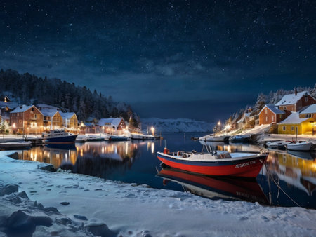 Fishing boats at night, Lofoten islands, Norwayの素材