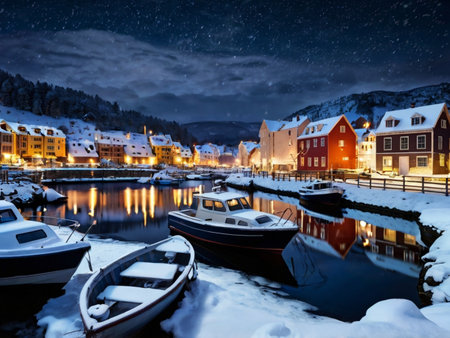 Fishing village of Lofoten at night, Norway.の素材