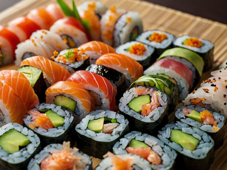 Japanese food restaurant, sushi set. Sushi rolls with salmon, avocado, cucumber, nori and cream cheese.の素材