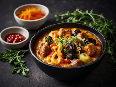Bowl of soup with meatballs, pasta and vegetables on dark backgroundの素材