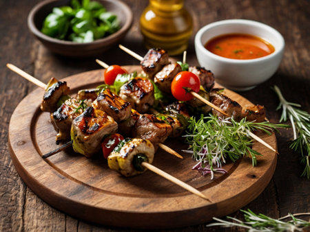 Grilled pork kebabs on wooden skewers with herbs and tomato sauceの素材