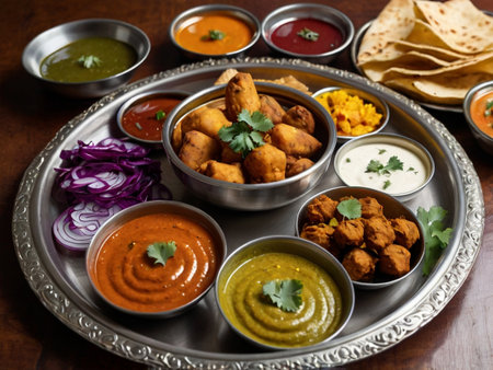 Assorted Indian snacks in brass bowls including chicken tikka masala, onion tikka, chutney, pickle, chutney, aloo tikka, moong pakoraの素材