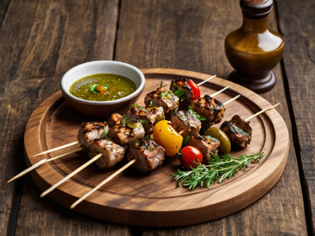 Grilled pork shish kebab with sauce on wooden boardの素材