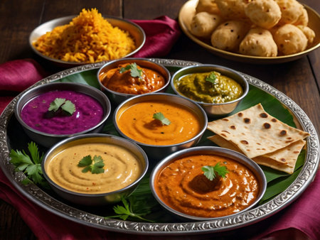 Assorted Indian snacks in bowl on wooden background. Indian food.の素材
