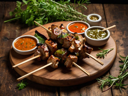Grilled pork skewers with sauce and herbs on a wooden boardの素材