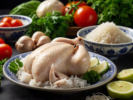 Raw chicken with rice and vegetables on a dark background. Selective focus.の素材