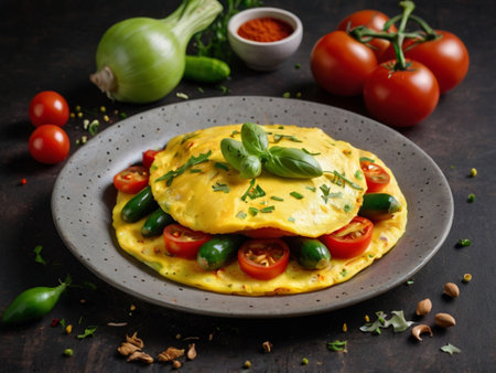 Omelette with green olives, cherry tomatoes and basil.の素材