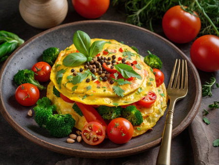 Omelet with tomatoes, broccoli and spices on a plate.の素材