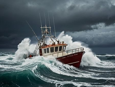 Fishing trawler in stormy sea with big waves.の素材