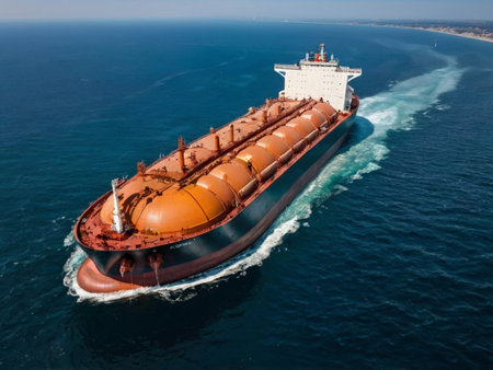 Aerial view of a large cargo ship sailing in the ocean.の素材
