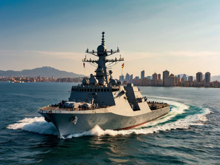 HMAS Sydney (FFH-8) guided-missile frigate of Royal Australian Navy departing Sydney Harbor.の素材