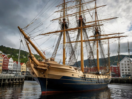 Sailing ship in the port of Bergen, Norway, Europeの素材