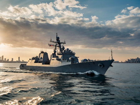 HMAS Sydney (MSG-21) guided-missile destroyer of the Royal Australian Navy departing Sydney Harbor.の素材