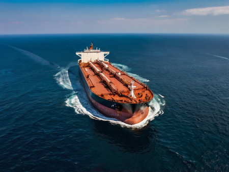 Aerial view of a large bulk carrier ship sailing in the sea.の素材