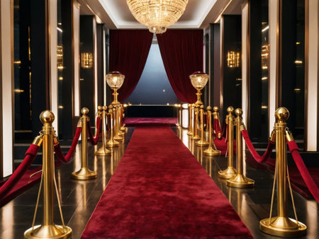 Red carpet with golden stanchions in luxury hotel. Luxury hotel interiorの素材
