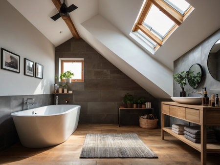 interior of modern bathroom with wooden floor, bathtub and windowの素材