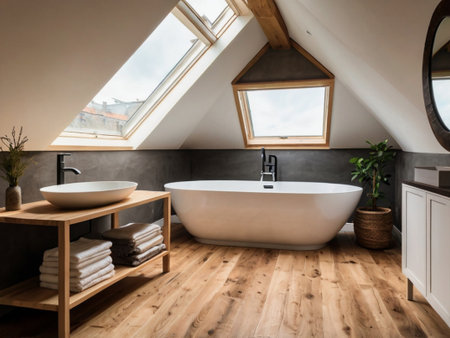 Interior of attic bathroom with bathtub and window with countryside viewの素材