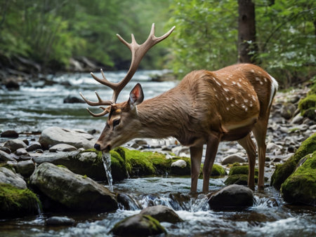 Whitetail deer with antlers drinking water from a stream.の素材