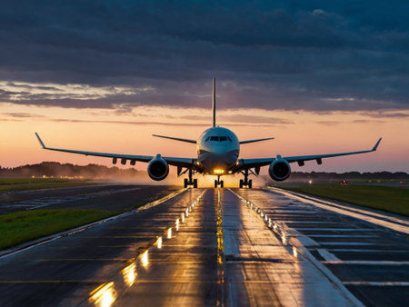 Airplane taking off from the airport runway at sunset with dramatic skyの素材