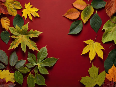 Autumn leaves on a red background with space for your text.の素材