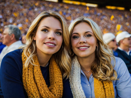 Portrait of happy female friends standing together at stadium during football matchの素材