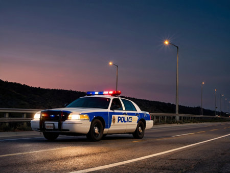 Police car on the road in the evening, Spain, Europe.の素材