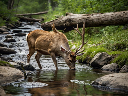 Whitetail deer, Cervus elaphus, drinking from a stream in the forest.の素材