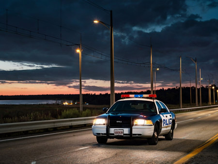 Police car on the road at night. Poland, Pomeraniaの素材