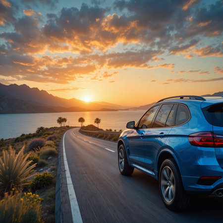 Car on the road in the mountains at sunset. Beautiful landscape.の素材