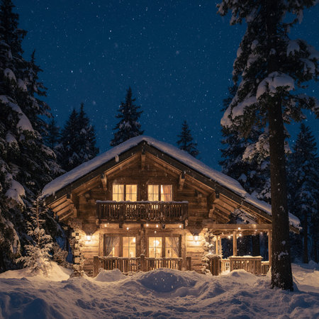 Winter night in the mountains. Wooden house in the forest at night.の素材