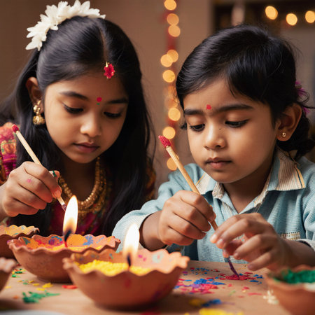 Indian family celebrating diwali or holi festival with colorful paintsの素材