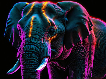 Elephant in neon light, isolated on black background. Close-up.の素材