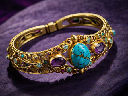 gold bracelet with turquoise and sapphire on purple backgroundの素材