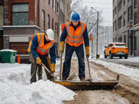 Two workers cleaning snow from the streets of the city in winter.の素材