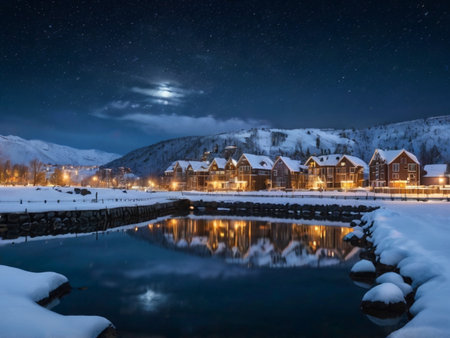 Beautiful winter night in the Norwegian village, Norway. Long exposure.の素材